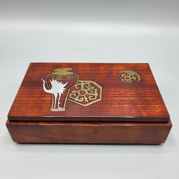Vintage Asian Decorative Wooden Trinket Box Metal Inlays with Lid - Picture 7 of 16